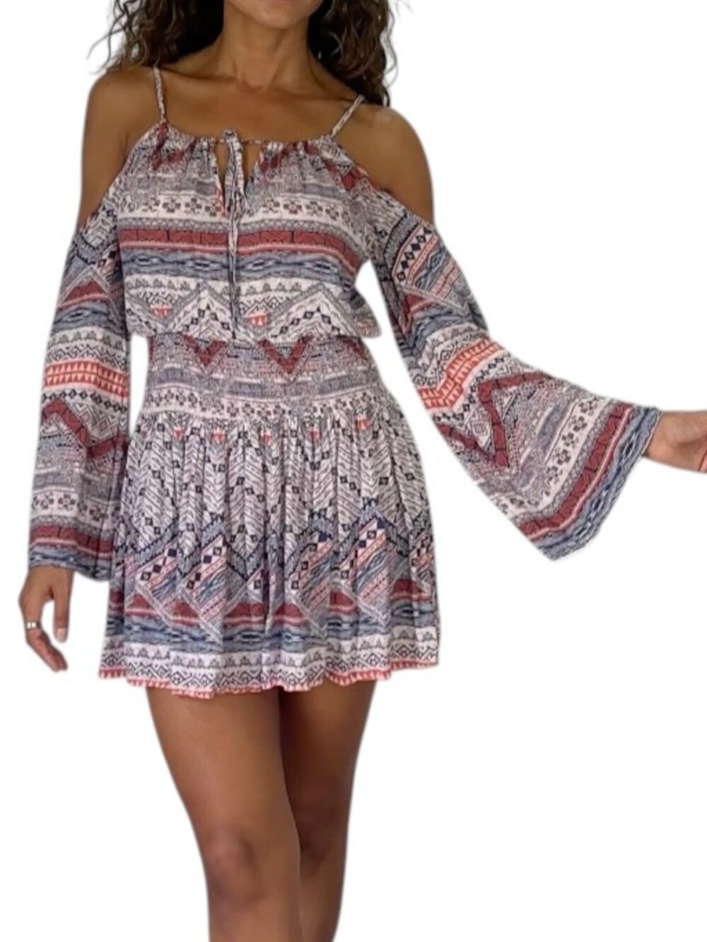 Do+Be Ivory Navy Rust Geometric Print Dress Spaghetti Strap Smocked Waist